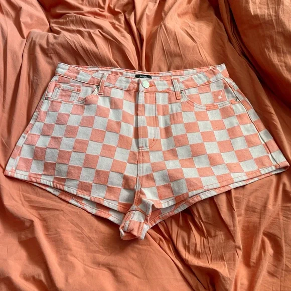 Nasty Gal Checkerboard High Waist Shorts Orange Sherbet sz 12